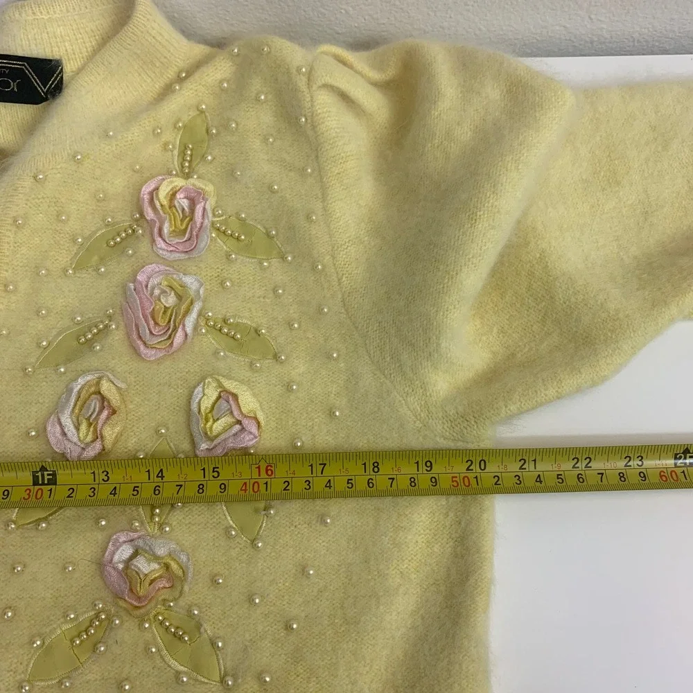 Vigor Vintage Angora Blend Cardigan Yellow Floral‎ Ribbon Rose Pearl Beaded XL